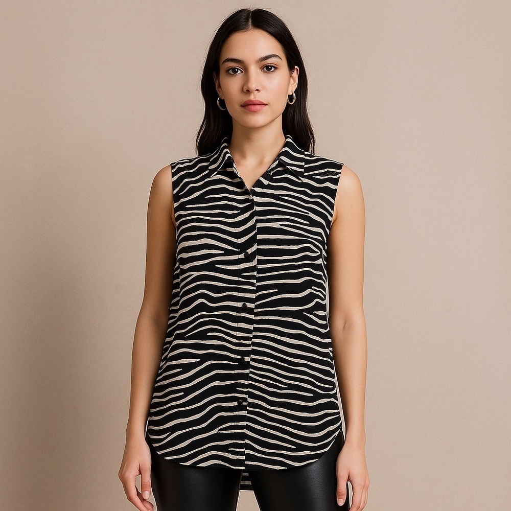 H&M Zebra Print Sleeveless Button-Front Blouse Black White Size 10